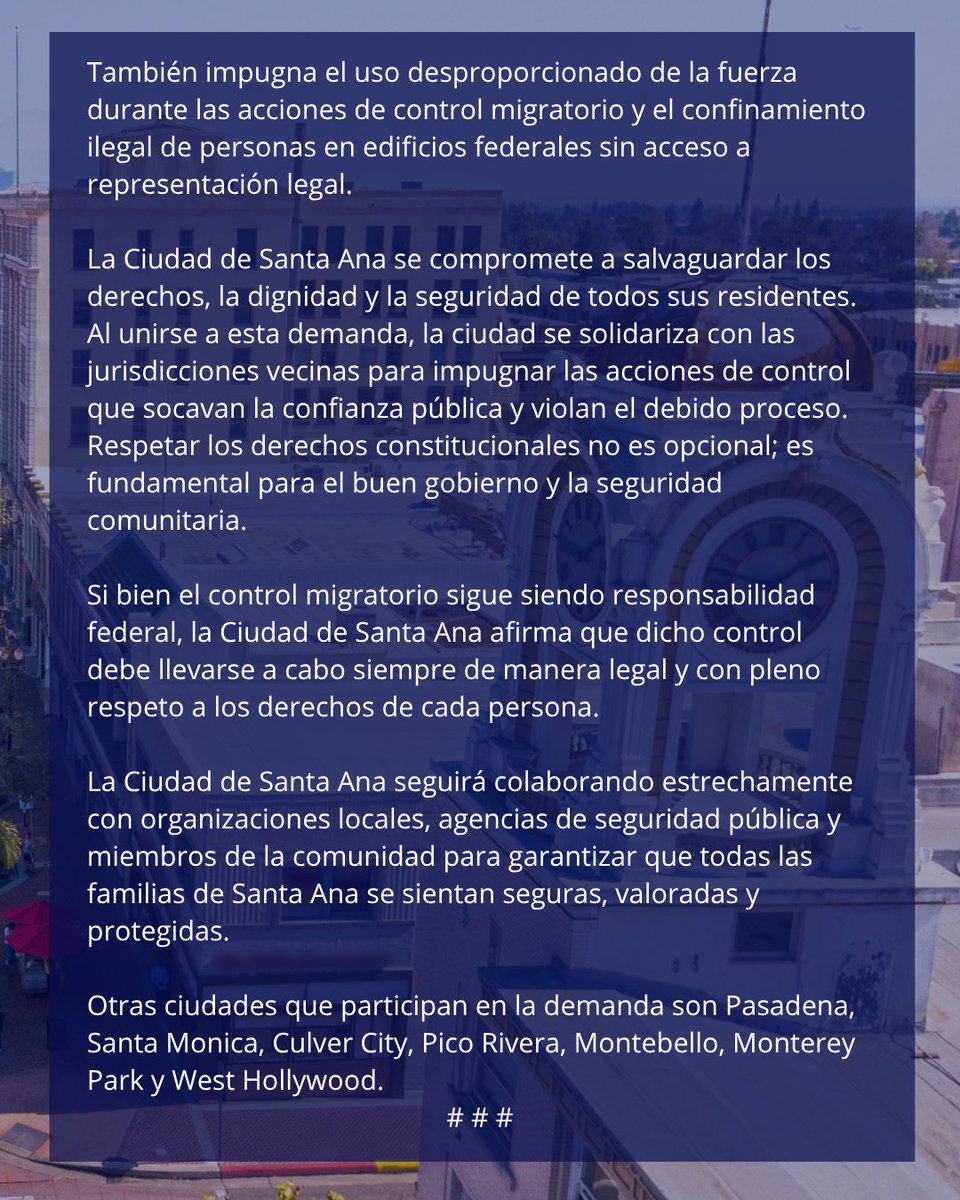 La Ciudad de Santa Ana se une a la demanda federal para proteger a los residentes de acciones inconstitucionales de control migratorio

santa-ana.org/city-of-santa-…