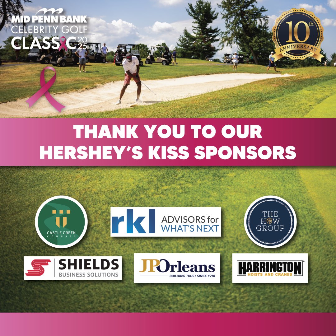 MPBGolfClassic's tweet image. Thank you to our HERSHEY'S KISS sponsors of the 2025 Mid Penn Bank Celebrity Golf Classic⛳!
- Castle Creek Compass
- Shields Business Solutions
- rkl
- JP Orleans
- The How Group
- Harrington
Thank you for supporting breast cancer charities! 🎀 #midpenn4charity…