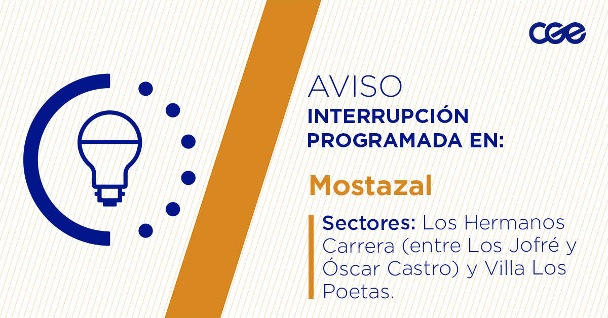 Para mejorar la calidad del suministro de nuestros clientes de #Mostazal, este jueves, entre 08:30 y 16:30 horas, se realizará una #InterrupciónProgramada (sectores en la imagen 👇) debido a trabajos de mejoras. Recuerda desconectar tus artefactos 🔌