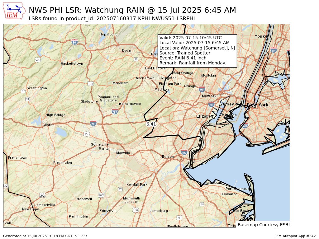 [Delayed Report] On Jul 15, at 6:45 AM EDT, Watchung [Somerset Co, NJ] Trained Spotter reports Rain of 6.41 Inch. Rainfall from Monday. #njwx mesonet.agron.iastate.edu/lsr/?by=wfo&wf…