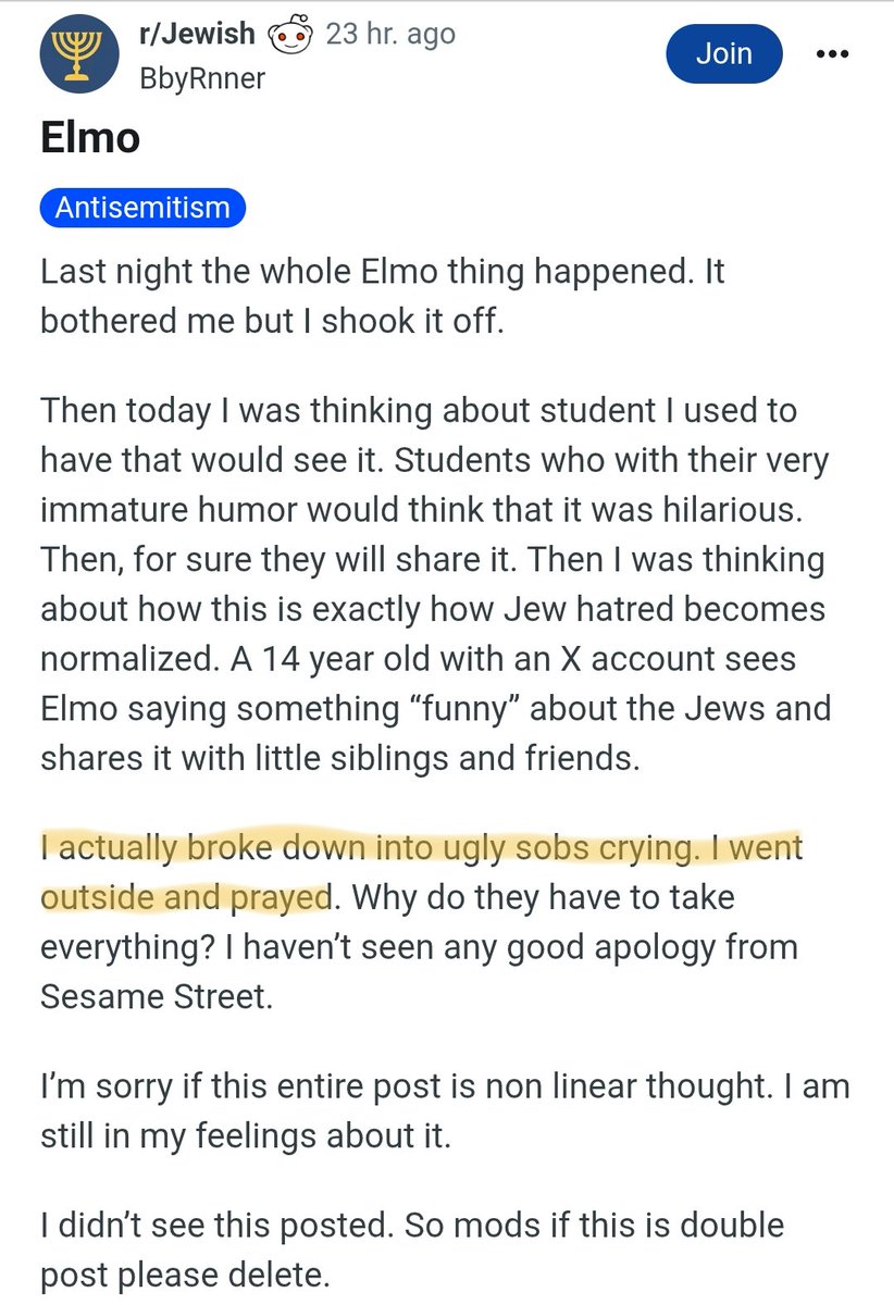 TaroWheel's tweet image. r/Jewish users have a breakdown because of Elmo