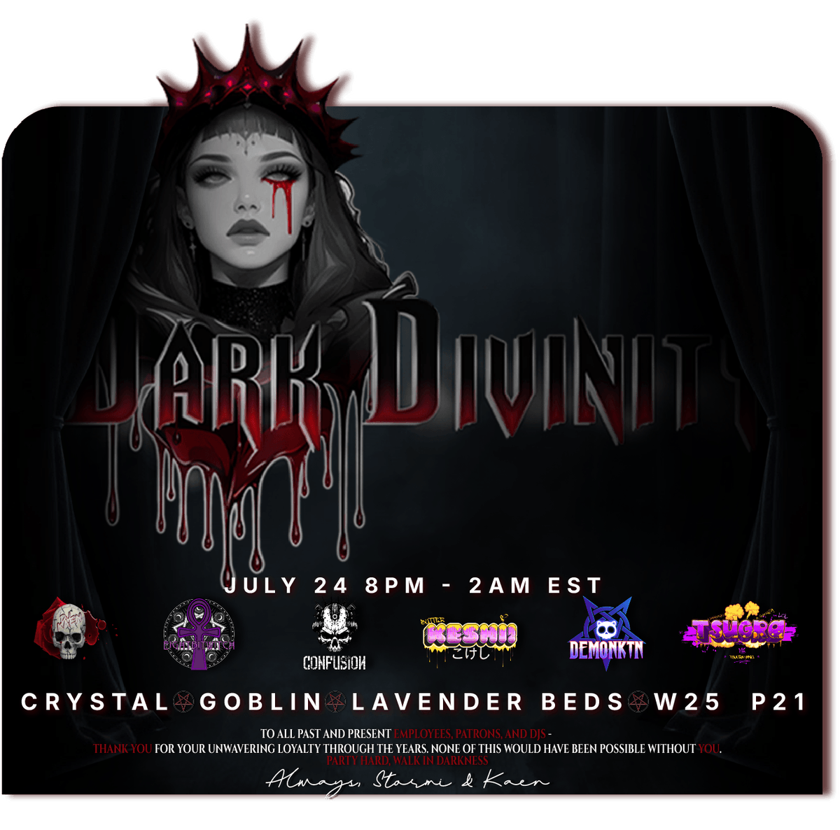 sᴛᴏʀᴍɪ ʜᴀʀʟᴏᴡs (@stormiharlows) on Twitter photo One Last Time Shall We? 7/24 8P-2A Est Come out-and help these DJ's throw a banger at which the likes of Lavender Beds on Goblin has ever seen! From my Dark Heart,Thank You!
All Media By <a href="/Kassaroles/">Kassaroles</a> One Last Time Shall We? 7/24 8P-2A Est Come out-and help these DJ's throw a banger at which the likes of Lavender Beds on Goblin has ever seen! From my Dark Heart,Thank You!
All Media By <a href="/Kassaroles/">Kassaroles</a>