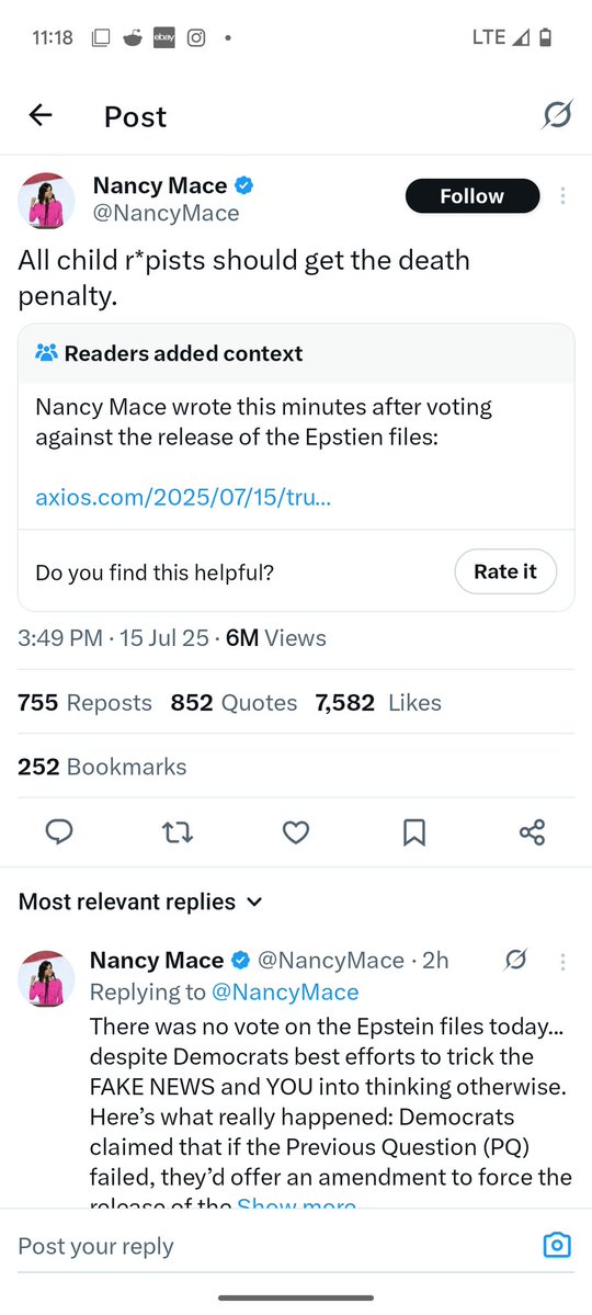 Nancy Mace wrote this only moments after being in denial that she voted against releasing the E-Files which she totally did 100%.
