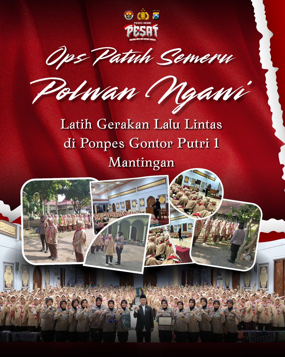 ResNgawi's tweet photo. Ops Patuh Semeru 2025, Polwan Ngawi Ajarkan Gerakan Lalu Lintas di Pondok Pesantren Gontor Putri 

Dalam rangka Operasi Patuh Semeru 2025 dan menjaga keselamatan pengguna jalan raya, Kapolres Ngawi AKBP Charles Pandapotan Tampubolon, S.I.K., S.H., M.H., menginstrusikan Polwan Polres Ngawi Polda Jatim terjun langsung dalam melatih gerakan lalu lintas di Pondok Pesantren Gontor Putri 1 Mantingan yang beralamat di Ds/Kec. Mantingan Kab. Ngawi

Kehadiran Polwan Polres Ngawi dalam memberikan edukasi terkait lalu lintas dan baris berbaris, diharapkan dapat lebih membangun kesadaran berlalu lintas dan melindungi generasi muda dari dampak negatif. Hal ini dilakukan agar para santriwati lebih mematuhi peraturan dan tertib berlalu lintas saat di jalan raya demi keselamatan bersama.

Kegiatan ini juga merupakan bagian dari Operasi Patuh Semeru 2025, yang dilaksanakan secara serentak selama 14 hari (14-27 Juli 2025) di Polda Jawa Timur dan Polres jajaran, termasuk Polres Ngawi.

#PolresNgawi #PolwanPolresNgawi #OpsPatuhSemeru2025 #NgawiTertibLalin #PolriPresisi #LaluLintasAman