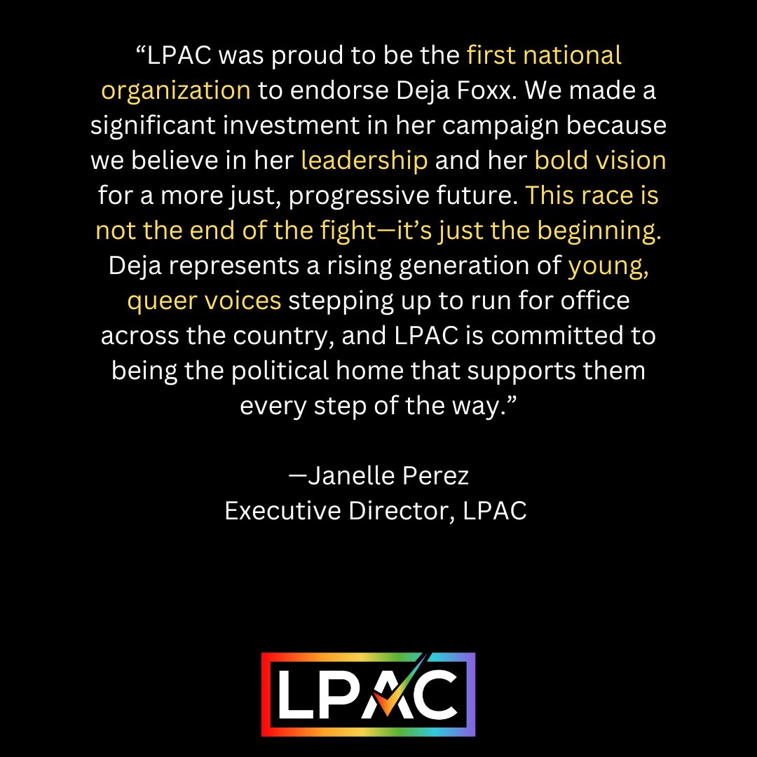 TeamLPAC's tweet image. LPAC is proud to have been the first ever national organization to endorse @Deja_Foxx and see her incredible potential for change. Despite tonight's results, this is not the end of her story & we look forward to the change she is determined to make for Arizona and all Americans.