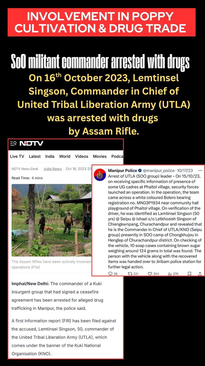 BikramjitMK's tweet photo. Commander in Chief of a #KukiMilitants group under SoO (suspension of operations) with GoI was arrested with drugs.
#SaveManipurSaveIndia
#AbrogateSoO https://t.co/WcTSvQETtU
