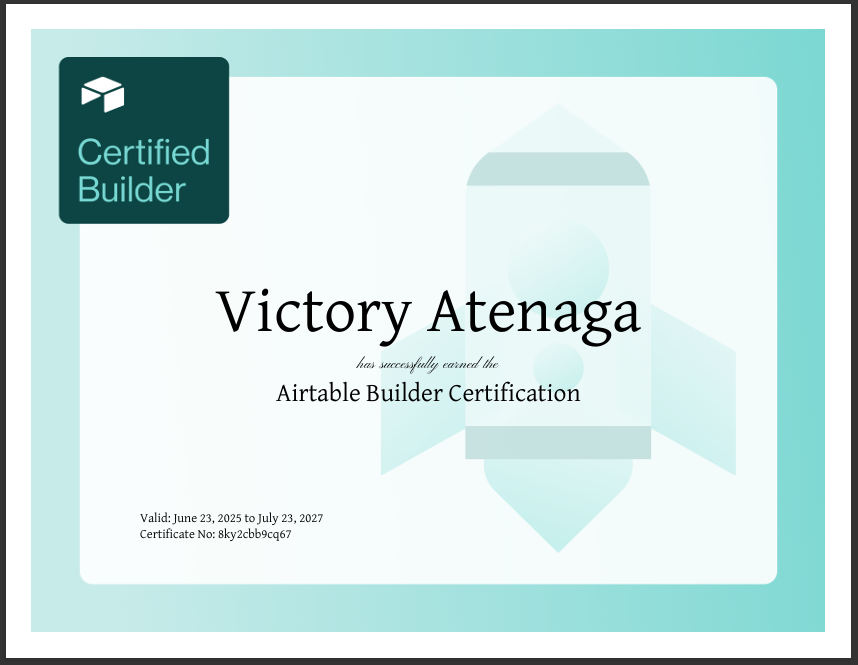 _evasnow's tweet photo. Just got certified as an @Airtable Admin 🎉
From law firms to medical teams, I’ve used @Airtable to build smart, automated systems that solve real problems.
Excited for what’s next!
#Airtable #Automation #NoCode #LegalTech #VictoryLeonard https://t.co/g1ptYfqqmY