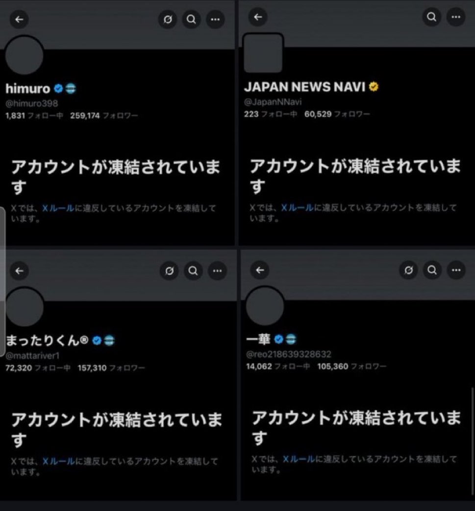 他の人のポストから知ったのですが、
なぜ彼らは凍結されたのでしょうか？

共通項としては、この全員が、
国民民主の党首、玉木氏に
フォローされてる事ですけど…