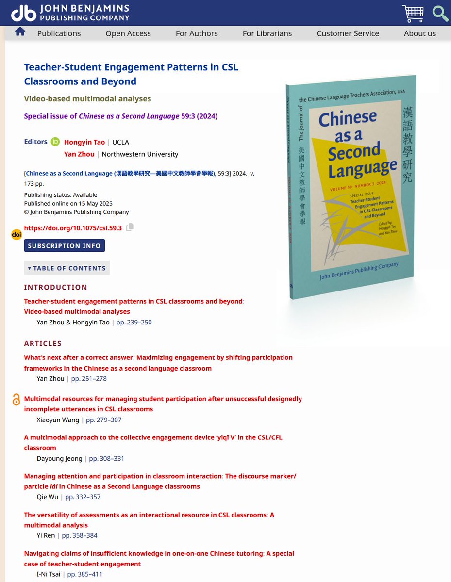 Happy to share the publication of a special issue in Chinese as a Second Language (#CSL): Teacher-Student Engagement Patterns in CSL Classrooms and Beyond: Video-based multimodal analyses. Eds.
#Hongyin_Tao &amp; #Yan_Zhou (美國中文教師學會學報), 59:3] 2024. doi.org/10.1075/csl.59…