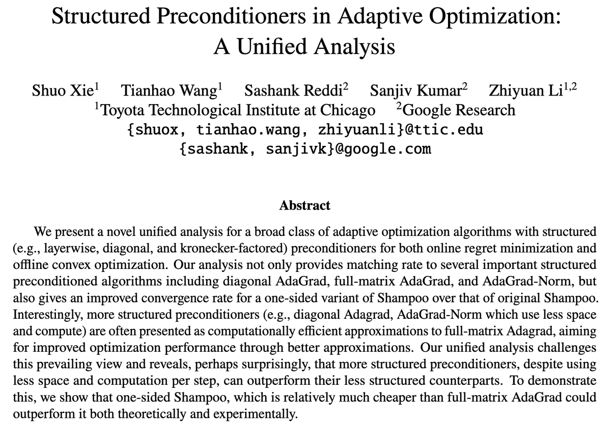 Adaptive optimizers range from AdaGrad-Norm to Shampoo and full-matrix AdaGrad, with increasingly expressive preconditioners.

But does more adaptivity always translate to fewer steps to converge?

Our ICML 2025 paper answers negatively via a unified convergence analysis. 🧵1/6