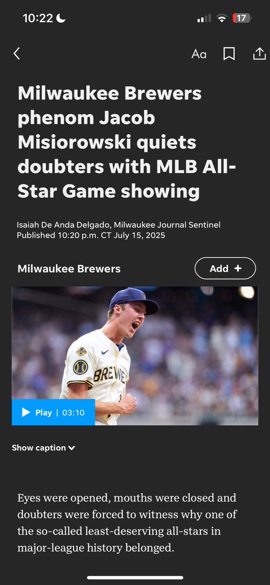 IsaiahDDelgado's tweet image. The game may be tied in the ninth, but @Brewers rookie @Jmisiorowski9 already won his All-Star debut
jsonline.com/story/sports/m…