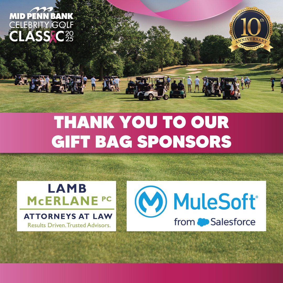 MPBGolfClassic's tweet image. A huge thank you to the following GIFT BAG sponsors! We are incredibly grateful for your generous support of the 2025 Mid Penn Bank Celebrity Golf Classic⛳.
- Lamb McErlane PC
- MuleSoft
Your contributions help fund breast cancer charities to help defeat this disease.🎀…