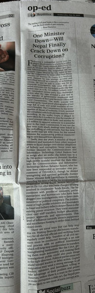 Glad a corrupt Minister has gone on public &amp; opposition pressure . He must be investigated and charged and not just let go. Many pending Corruption cases must also be resolved. Thanks to <a href="/RepublicaNepal/">República</a> for the editorial.