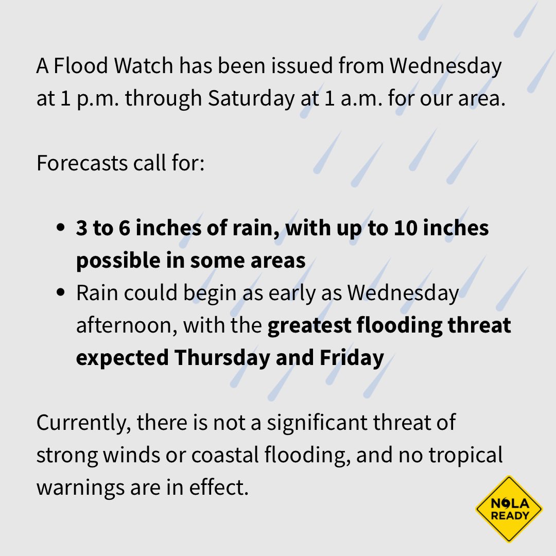 nolaready's tweet image. (1/2) The City of New Orleans is actively monitoring Invest 93L, whereas heavy rainfall and flash flooding are possible for the New Orleans area between Wednesday and Sunday.
Residents are urged to stay weather aware and text NOLAREADY to 77295 for alerts.