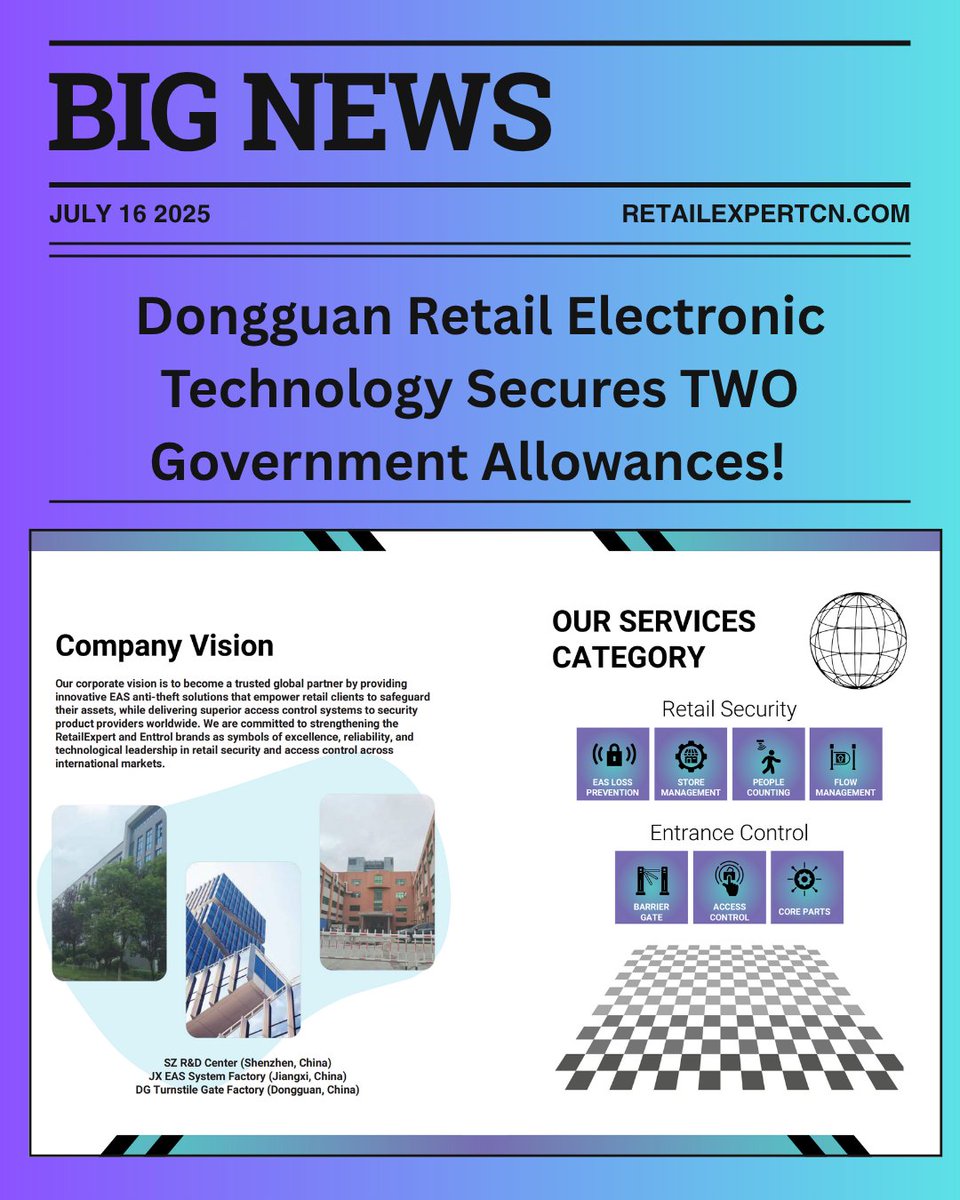 Enttrol's tweet image. BIG NEWS! We’re honored to announce that Dongguan Retail Electronic Technology has been awarded TWO significant allowances from the Dongguan Tangxia Government!  
#SecurityTech #RetailTech #EntranceControl #GovernmentSupport #StartupSuccess #InnovationLeader #JobCreation