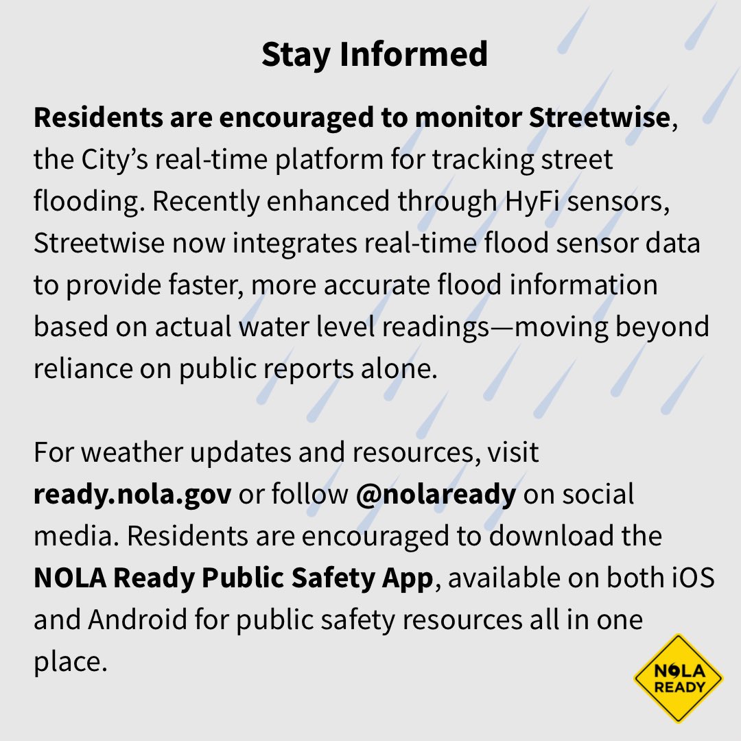 nolaready's tweet image. (2/2) The City of New Orleans is actively monitoring Invest 93L, whereas heavy rainfall and flash flooding are possible for the New Orleans area between Wednesday and Sunday.
Residents are urged to stay weather aware and text NOLAREADY to 77295 for alerts.
