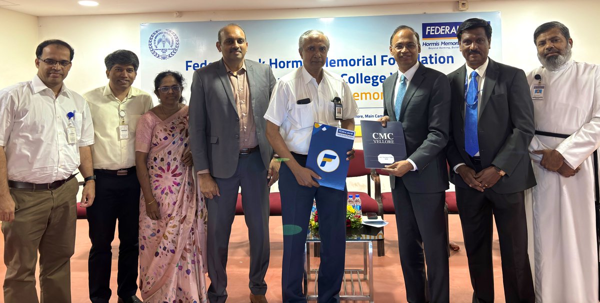 OffCMCVellore's tweet image. CMC Vellore signs 2 MoUs with Federal Bank Hormis Memorial Foundation
New #pharmacy College set to open in 2026–27 with 60 seats, funded by #HormisMemorial Foundation
Cancer care support via @Sanjeevani_Nw18 - 764 patients already aided
MoU signed by Mr. KVS Manian, Managing…