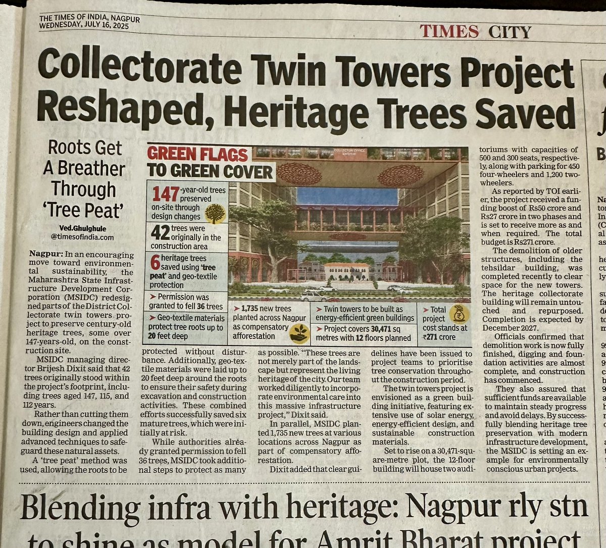 After chopping off thousands of trees in the city they save a few in their premises and crate a story out of it and the media takes it in hook, line and sinker. There should’ve been another story alongside giving the numbers of chopped trees in the last few years. Nagpur used to