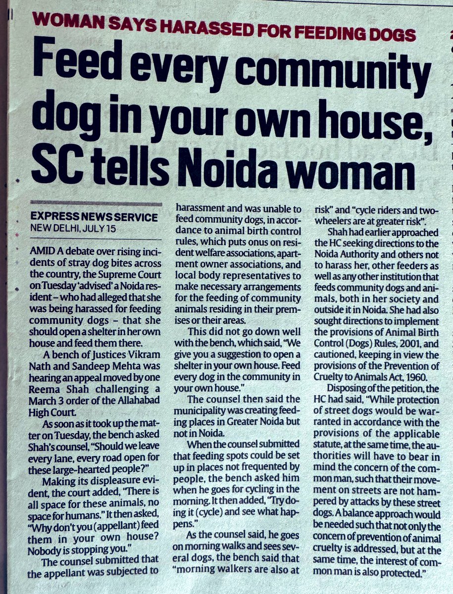 Much needed observations from Supreme Court : “Feed stray dogs in your own house &amp; open a shelter in your own house”

Supreme Court rightly observed that community stray dogs r a risk to cyclists, walkers,children &amp; 2 wheeler riders!

Human Safety needs to be kept in mind while