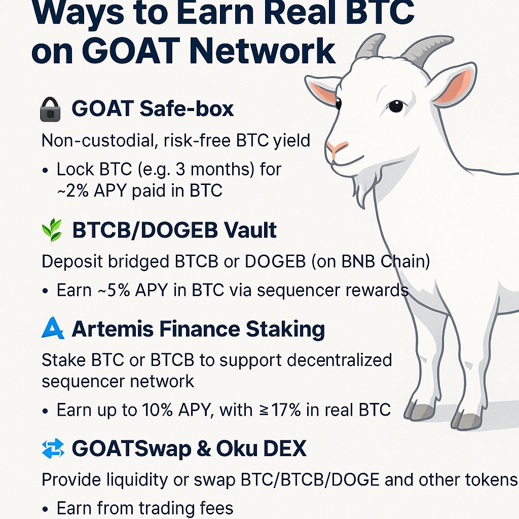 CuzzDave's tweet image. While we wait for the most  anticipated event (TGE) of @GOATRollup . Here are some of the ways to earn real BTC on  GOAT NETWORK 

🔐1.GOAT Safe-box:
Non-custodial, risk-free BTC yield. You can lock BTC (e.g. 3 months) for ~2% APY paid in BTC with no bridges or DeFi risks  .

🏦…