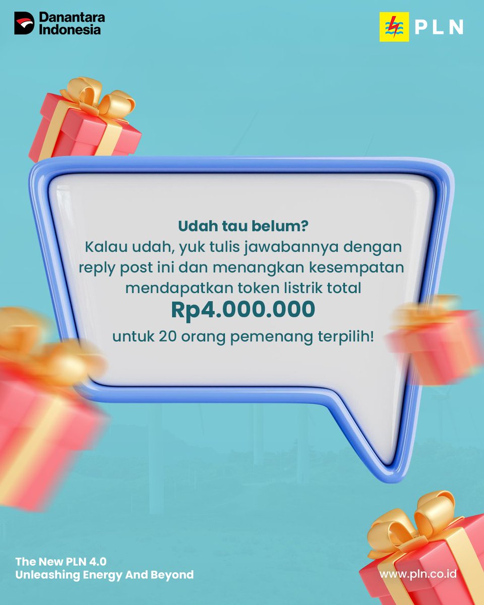 Electrizen, reply dengan jawaban kamu dan menangkan hadiah token listrik total Rp4.000.000 untuk 20 orang pemenang!

Sebelum ikutan, yuk cek ketentuannya:
1.⁠ ⁠Follow <a href="/_pln_id/">PT PLN (Persero)</a>
2.⁠ ⁠Sertakan hashtag #RejekiPLN dan tag 3 teman kamu biar bisa ikutan challenge ini juga!

Next⬇️