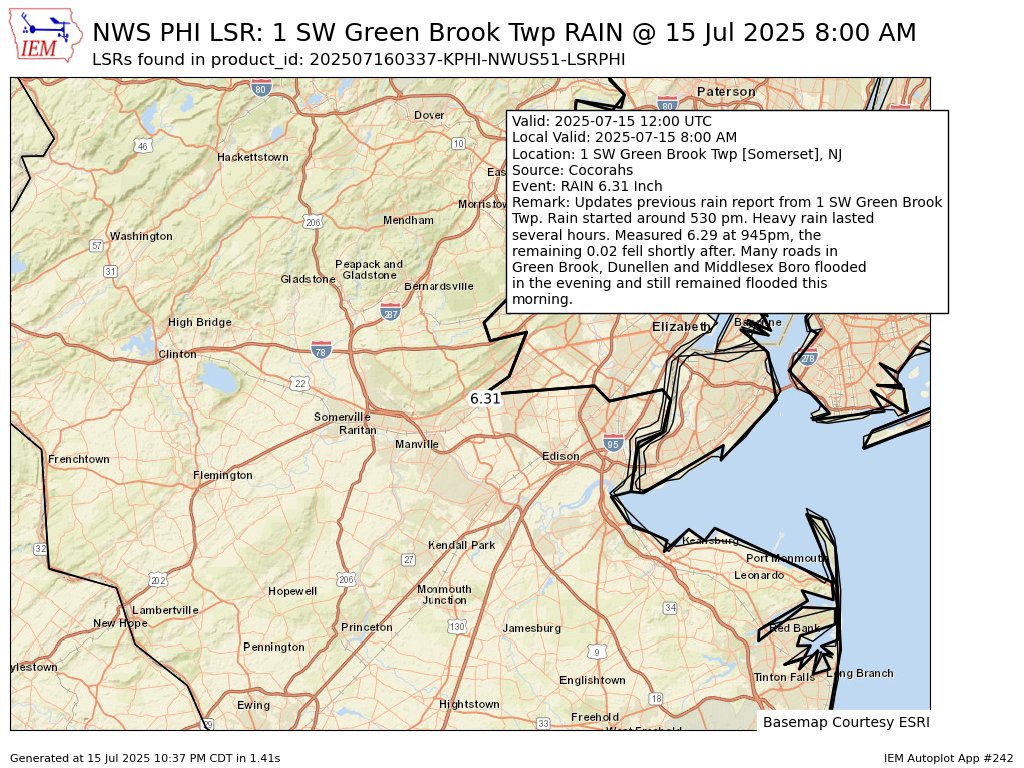 [Delayed Report] On Jul 15, at 8:00 AM EDT, 1 SW Green Brook Twp [Somerset Co, NJ] Cocorahs reports Rain of 6.31 Inch. Updates previous rain report from 1 SW Green Brook Twp. Rain started around 530 pm. Heavy rain lasted several hours. Measured... #njwx mesonet.agron.iastate.edu/lsr/?by=wfo&wf…