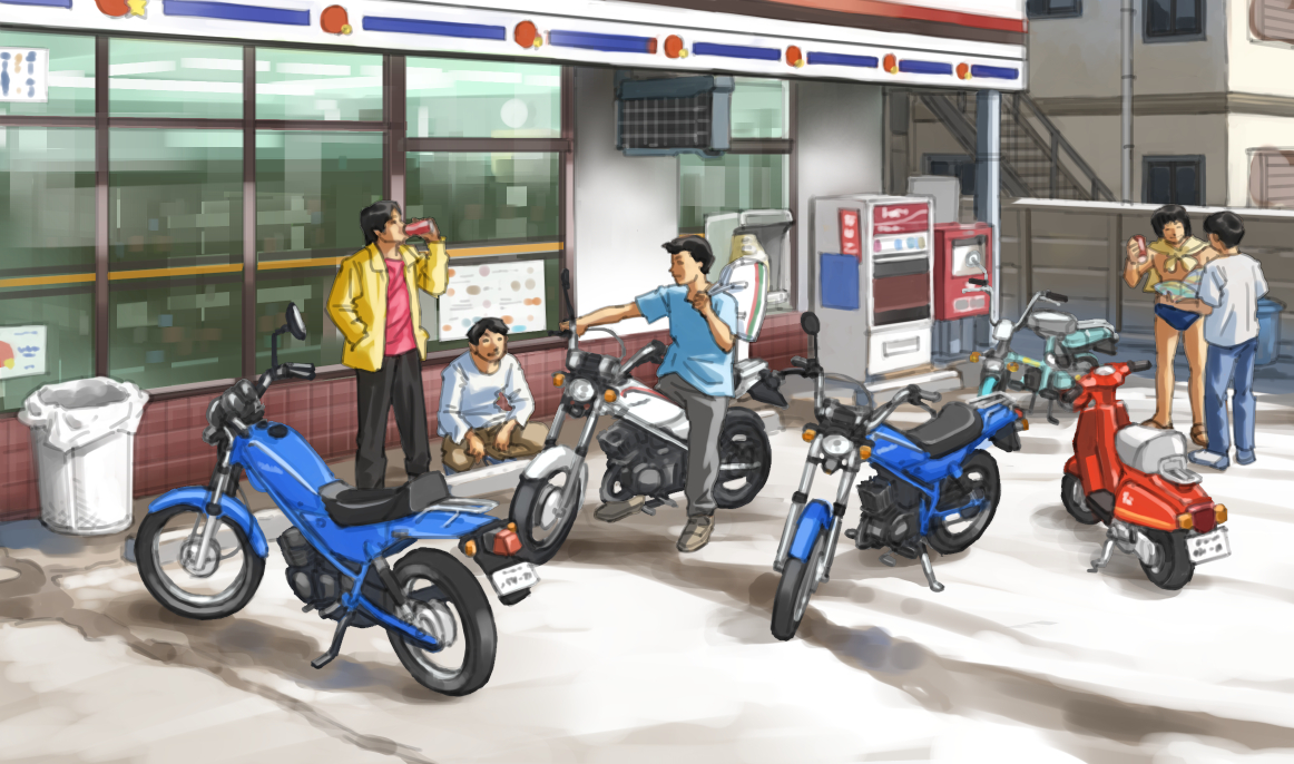 daimuro's tweet image. '80頃原付きブームってのがあった様な。仲間内では何故かラクーンが流行ってて良くツーリング行きました(私は薔薇)。まだヘルメットの着用義務もなく夏場は海パン一丁で走ってた奴も😅(絶対に真似しないように)