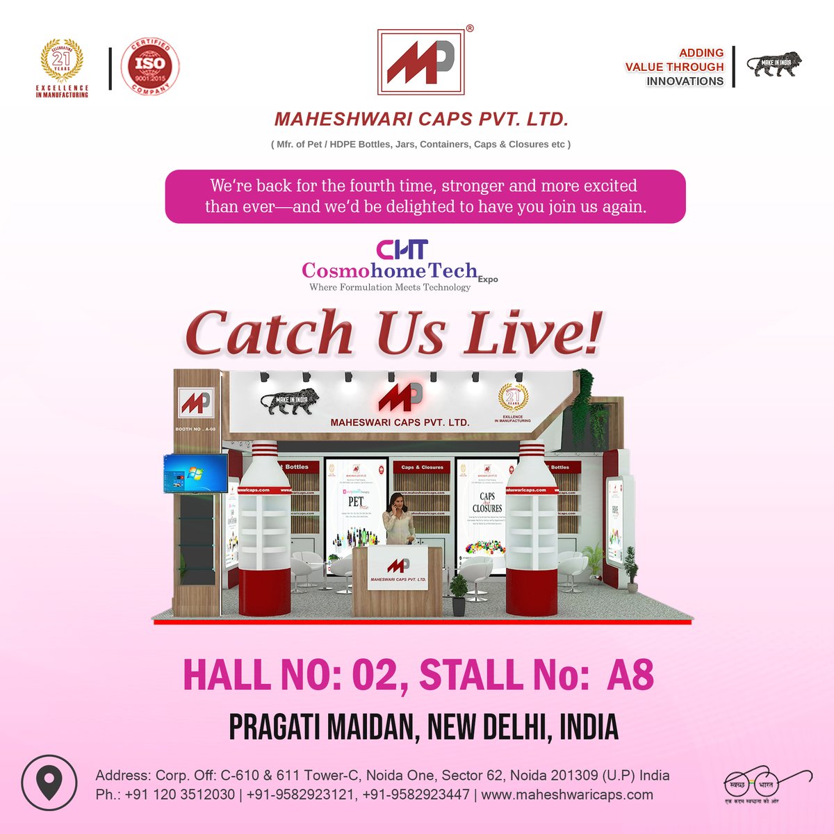 maheshwaricap's tweet image. We’re back at #CosmohomeTech for the 4th time—stronger, smarter &amp;amp; more innovative! 💥
Catch Maheshwari Caps Pvt. Ltd. LIVE at
📍 Hall 02 | Stall A8 | Pragati Maidan, New Delhi
Explore premium #PET bottles, #HDPE jars &amp;amp; #Closures.
#Packaging #B2BExpo #LiveAtTheExpo