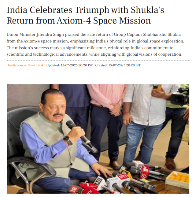 Dr Jitendra Singh (@drjitendrasingh) on Twitter photo Dev Discourse: India Celebrates Triumph with Shukla's Return from #Axiom4 Space Mission
#ISRO
Read:
devdiscourse.com/article/headli… Dev Discourse: India Celebrates Triumph with Shukla's Return from #Axiom4 Space Mission
#ISRO
Read:
devdiscourse.com/article/headli…