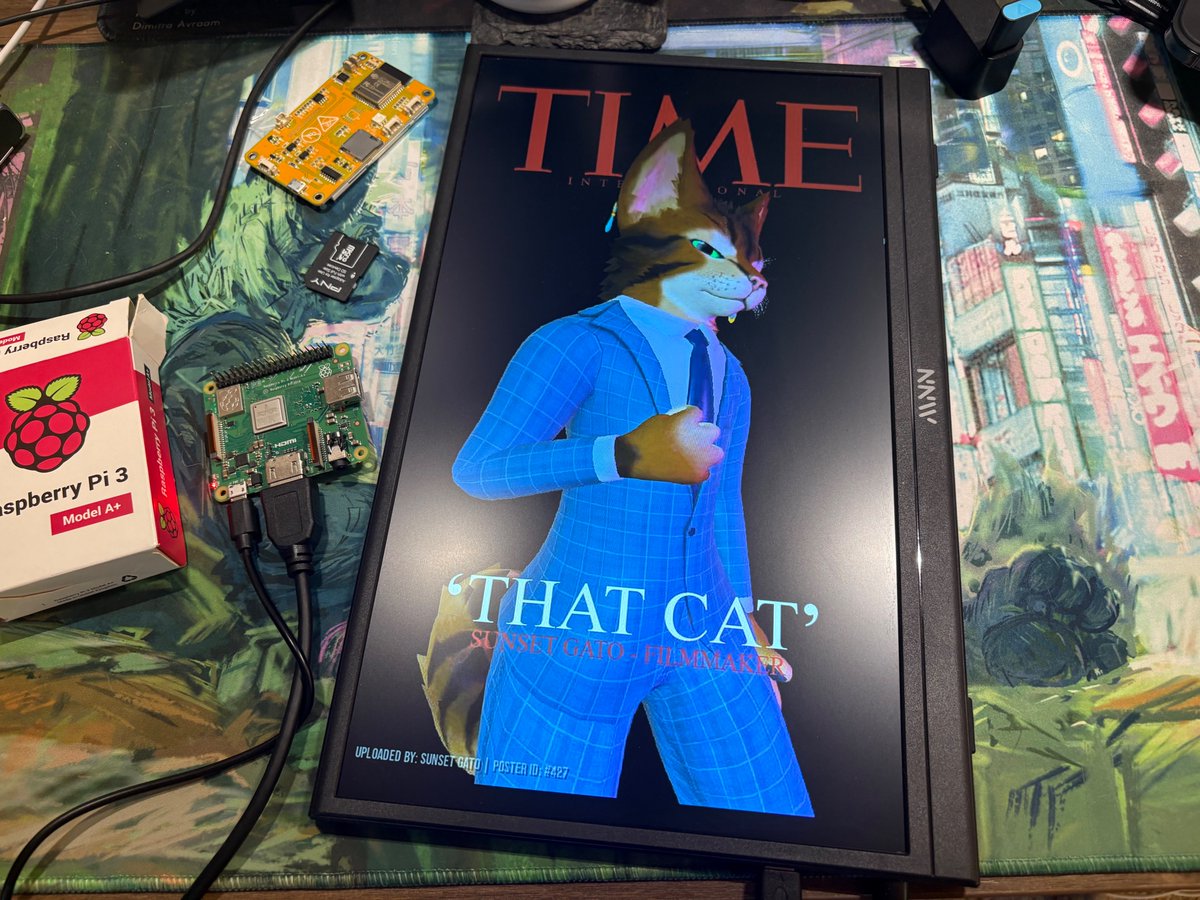 astrooocore's tweet image. Got @waterwolftown's poster network running IRL! It'll update every 30s. Gonna hang it up on a wall next.
Featuring: Sunset Gato, @Engineerisaac @Purriku_ @GlitchTheFox