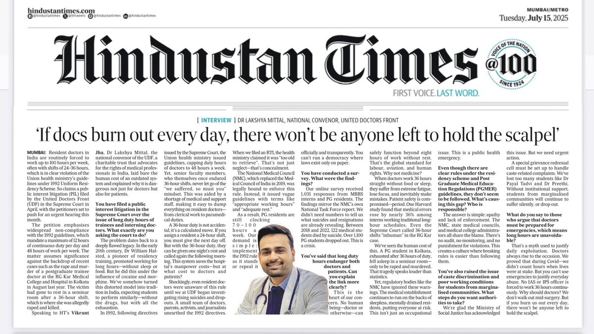 “𝗜𝗳  𝗗𝗿𝘀 𝗯𝘂𝗿𝗻 𝗼𝘂𝘁 𝗲𝘃𝗲𝗿𝘆 𝗱𝗮𝘆, 𝘁𝗵𝗲𝗿𝗲 𝘄𝗼𝗻’𝘁 𝗯𝗲 𝗮𝗻𝘆𝗼𝗻𝗲 𝗹𝗲𝗳𝘁 𝘁𝗼 𝗵𝗼𝗹𝗱 𝘁𝗵𝗲 𝘀𝗰𝗮𝗹𝗽𝗲𝗹.”

Our interview in Hindustan Times highlights how 𝟭𝟬𝟬+ 𝗵𝗼𝘂𝗿𝘀/𝘄𝗲𝗲𝗸 are pushing young doctors to the edge.

This is not just a doctors’