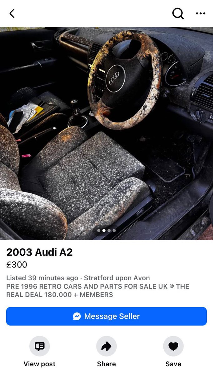 Got excited by this. Cheap as chips, petrol, nice wheels, not a million miles away. 

Then I saw the interior and realised I’d need a yellow hazmat suit to drive it 🤮

#mould