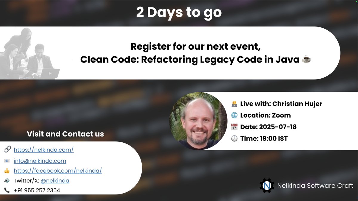 nelkinda's tweet image. Legacy code: where features go to die. ☠️
But not this time. We’re bringing it back to life—the clean way. 🧼⚙️
Wanna see how?
📅 2025-07-18 |🕖 19:00 IST
🔗 meetup.com/meetup-group-n…
🔗 triffuns.com/events/47216b0…
#LegacyCode #CleanCode #Refactoring #TDD #XP #DevHumor