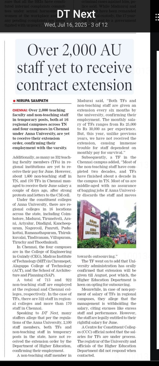 Nirupa Sampath (@nirupasampath) on Twitter photo More than 2k temp staff, both teaching fellows & non-teaching staff of #AnnaUniversity face job uncertainty as their contract is yet to be renewed. Also, 322 fellows in 16 regional AU colleges in TN are yet to receive June pay. <a href="/Govichezhian/">Govi Chezhian - தமிழ்நாட்டை தலைகுனிய விடமாட்டேன்</a>
dtnext.in/amp/news/tamil… More than 2k temp staff, both teaching fellows & non-teaching staff of #AnnaUniversity face job uncertainty as their contract is yet to be renewed. Also, 322 fellows in 16 regional AU colleges in TN are yet to receive June pay. <a href="/Govichezhian/">Govi Chezhian - தமிழ்நாட்டை தலைகுனிய விடமாட்டேன்</a>
dtnext.in/amp/news/tamil…