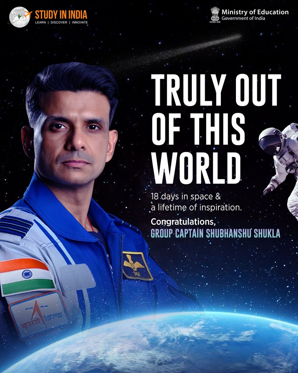 StudyInIndiaGov's tweet photo. After 18 days in space, Group Captain Shubhanshu Shukla is home. 🚀
A mission beyond Earth, a message to dream big. 🌍✨
Thank you, Captain! We're proud, inspired, and dreaming bigger today.

#SayYESToStudyInIndia #ShubhanshuShukla #NASA #ISRO #Space #StudyinIndia https://t.co/02MSLDcyCW