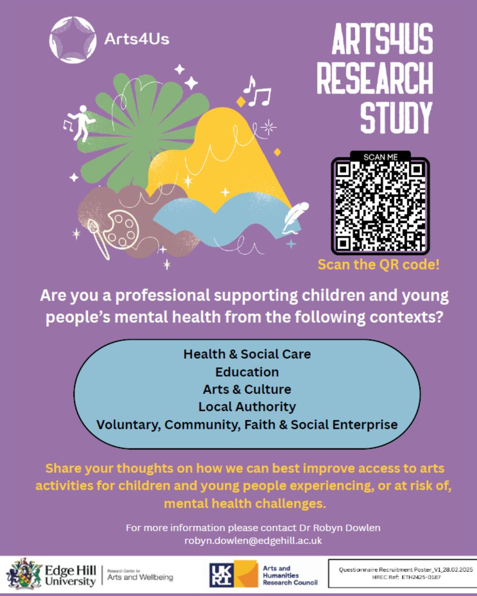 YPASLiverpool's tweet image. Calling Professionals supporting Young People’s Mental Health📣
The Arts4Us project is exploring how to improve access to arts activities that support the mental health and wellbeing of children and young people. And they’d love to hear from you! 📝
app.onlinesurveys.jisc.ac.uk/s/edgehill/the…