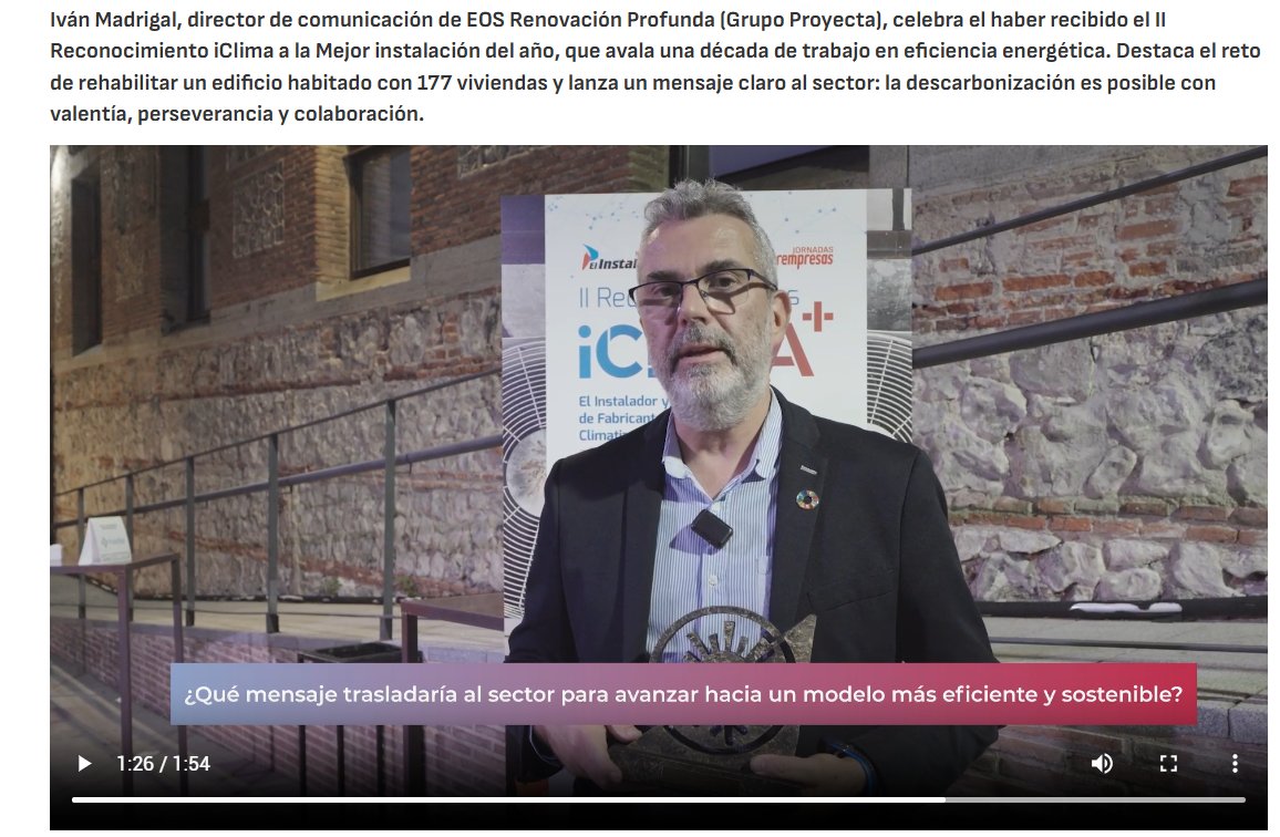 EOS RenovAcción Profunda (@eosrenovaccion) on Twitter photo 🏆 ¡#Premio a la mejor #instalación del #año!
🗣️<a href="/Ivan__Madrigal/">Iván Madrigal</a> (#Dircom de #EOS y #Proyecta) celebra más de 10 años trabajando en eficiencia energética: "La descarbonización es posible con valentía, perseverancia y colaboración."
👇 Entrevista completa:
interempresas.net/Climatizacion/… 🏆 ¡#Premio a la mejor #instalación del #año!
🗣️<a href="/Ivan__Madrigal/">Iván Madrigal</a> (#Dircom de #EOS y #Proyecta) celebra más de 10 años trabajando en eficiencia energética: "La descarbonización es posible con valentía, perseverancia y colaboración."
👇 Entrevista completa:
interempresas.net/Climatizacion/…