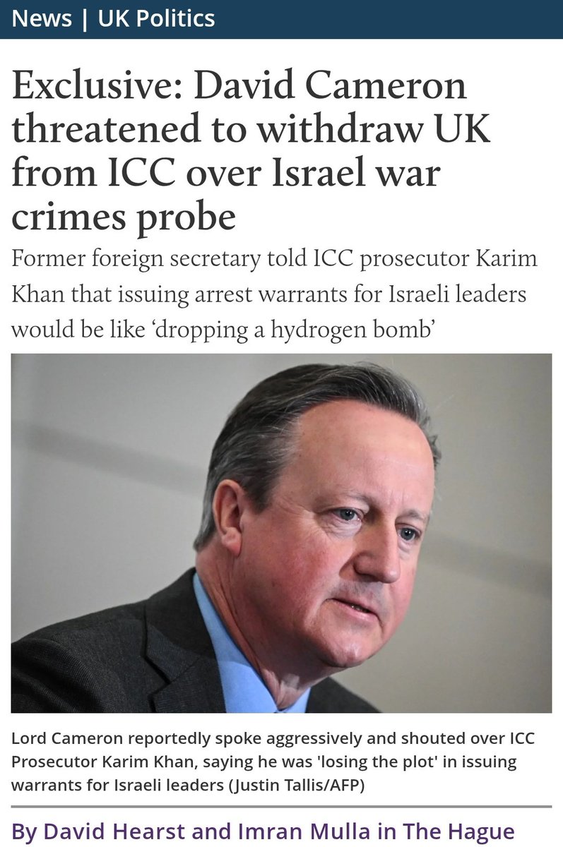 Imran_posts's tweet photo. We've just revealed how Karim Khan was warned he would be "destroyed" if arrest warrants for Netanyahu and Gallant weren't withdrawn. 

Last month we reported that David Cameron threatened to withdraw the UK from the ICC. No mainstream British paper picked up our story. Why? https://t.co/qikuEVHZvz