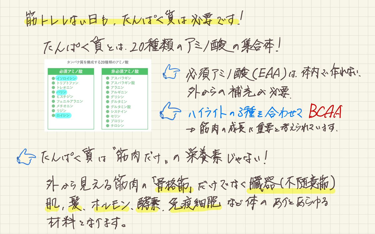 spaaxia's tweet photo. 本日は手書きで、たんぱく質についての解説です🙆

癖強文字ですが、ぜひ自分の摂取しているタンパク質の量を知るところから始めてみましょう！アプリや手書きで2、3日収集するだけでも様々見えてくるかと思います😀
是非、お試しくださいね👌
報告お待ちしております👂 https://t.co/2jBw6tDBqg