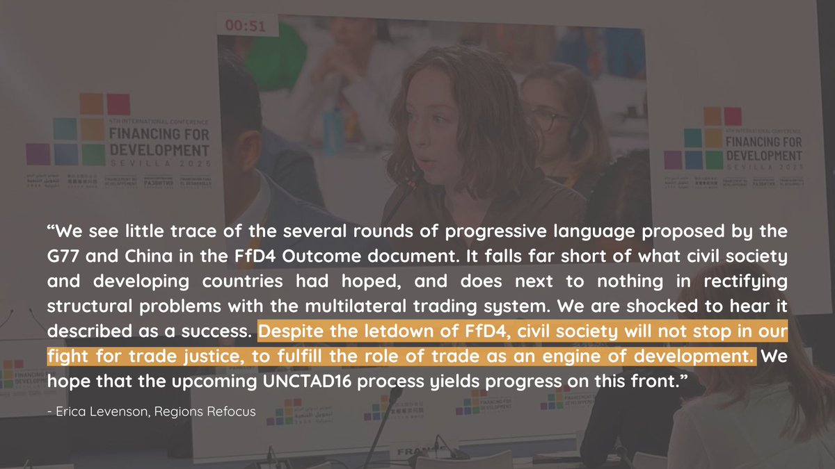 Regions Refocus (@regionsrefocus) on Twitter photo 🔙 #FFD4 Recap Part 3 - Multi-Stakeholder Round-Table: Trade and Technology
On 1 July, during this official roundtable #FfD4 session, <a href="/Erica_Levenson/">Erica Levenson</a> delivered a powerful speech on behalf of <a href="/RegionsRefocus/">Regions Refocus</a> and <a href="/cs_ffd/">Civil Society Financing for Development Mechanism</a> ✊
Watch her intervention here ▶️ bit.ly/4eP8Ony 🔙 #FFD4 Recap Part 3 - Multi-Stakeholder Round-Table: Trade and Technology
On 1 July, during this official roundtable #FfD4 session, <a href="/Erica_Levenson/">Erica Levenson</a> delivered a powerful speech on behalf of <a href="/RegionsRefocus/">Regions Refocus</a> and <a href="/cs_ffd/">Civil Society Financing for Development Mechanism</a> ✊
Watch her intervention here ▶️ bit.ly/4eP8Ony
