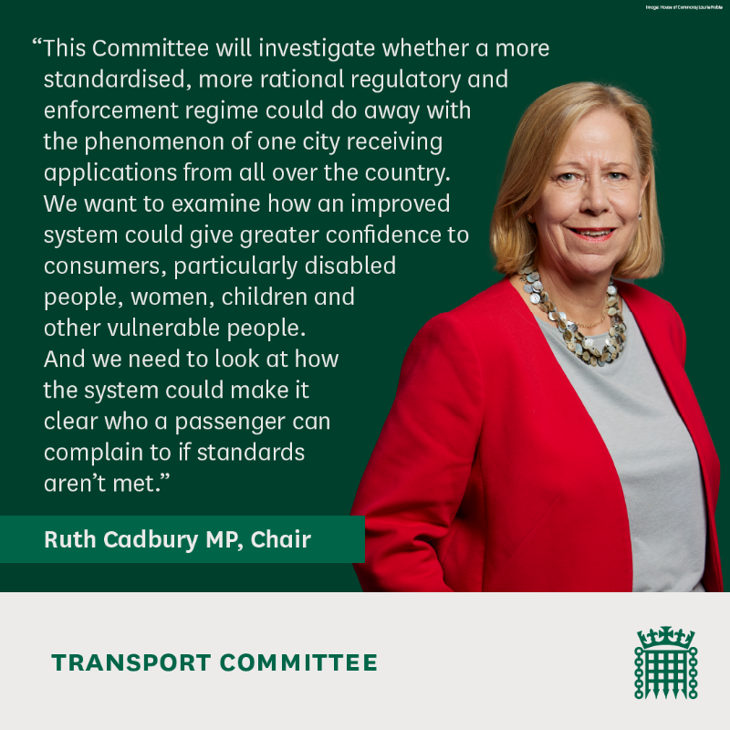 TransportCttee's tweet photo. We’ve launched an inquiry into the licensing of taxi &amp; private hire vehicles across England 🚖

With inconsistent rules from place to place, we’re asking: how can regulation be improved?

Take part in the inquiry via our website 👇