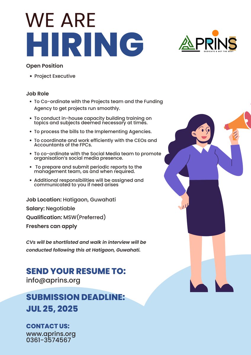 aprinsassam's tweet image. 📢 We&apos;re Hiring!

APRINS is looking for a Project Executive to join our team in Hatigaon, Guwahati. If you&apos;re passionate about social impact, coordination, and community development — we want to hear from you!

📧 Send your resume to: info@aprins.org

#HiringNow #ProjectExecutive