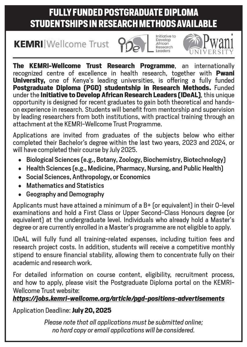 IDeAL_KEMRI_WT's tweet image. Beat the Deadline!
Are you a recent graduate passionate about health research? Apply for a fully funded studentship by @KEMRI_Wellcome & @PU_Kilifi. Gain solid research skills, mentorship, & hands-on experience.
Apply: shorturl.at/TqKHI
Deadline: July 20, 2025