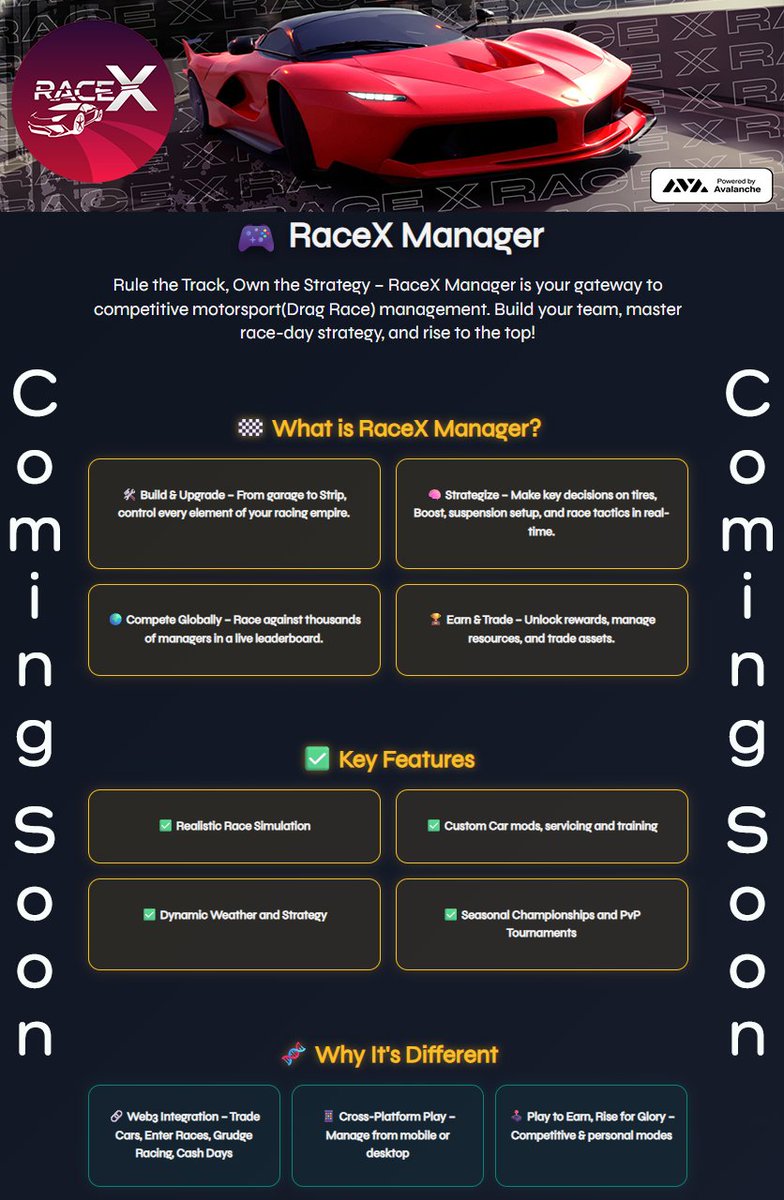 DcrcAvax's tweet photo. 🏁 Rule the Track. Master the Strategy.
🔥 RaceX Manager: Your gateway to drag racing domination.
🔧 Tune & upgrade your cars
🌍 Compete globally
💎 Earn & rise to the top
👉 https://t.co/AXVJOLsauc
#RaceX #RaceXManager #Web3Gaming #Motorsport #PlayToEarn #DragRacing #Avalanche https://t.co/ozH6OYdEKC