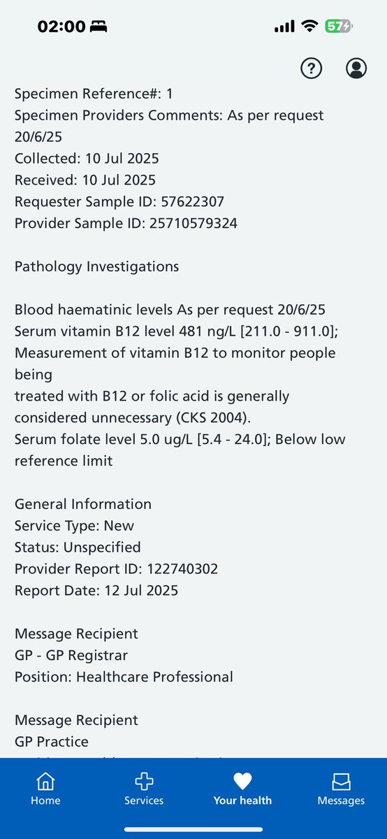 Emma40025133's tweet image. My folate is slightly below range. Haven’t had a call from doctor to discuss it yet so I’m guessing it isn’t anything to be worried about?