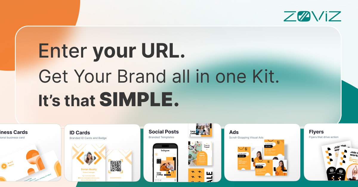 Zovizbranding's tweet image. Turn any website into an all-in-one brand identity with Zoviz
Zoviz’s new AI tool scans your website URL, extracts your logo, colors, and style, and instantly builds your brand kit:
- Business cards
-Social media posts, stories, and covers
- Email signatures, ad templates,…