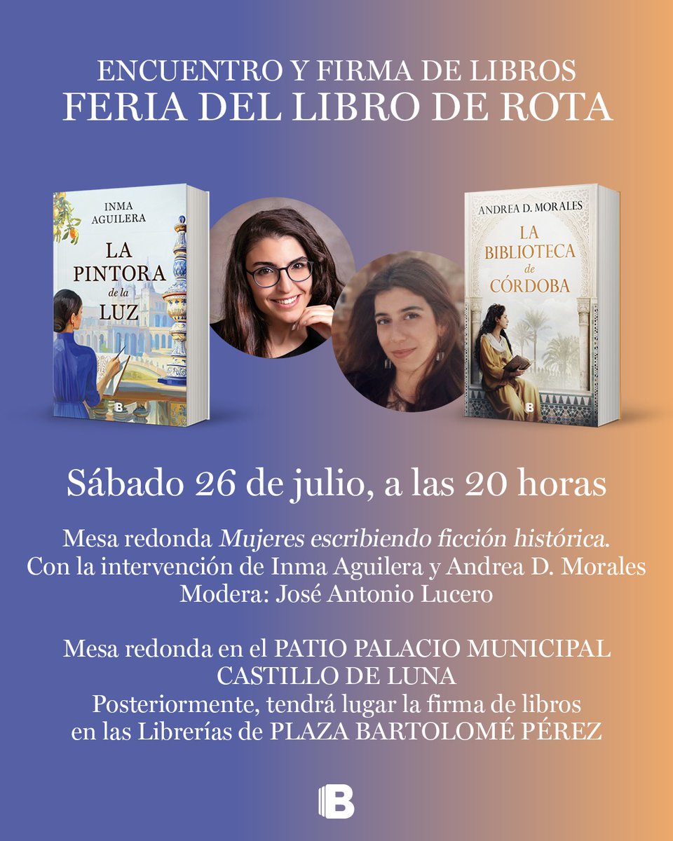 Inma Aguilera (@inmaaguilerag) on Twitter photo La semana que viene nos vemos en la #IVFeriadelLibroAlmudenaGrandes <a href="/AytoRota/">Ayuntamiento de Rota</a> 👏😍
Charlaré con <a href="/AndreaDlrm/">Andrea D. Morales 🕌</a> y contaremos con <a href="/cunahalicarnaso/">José Antonio Lucero | La cuna de Halicarnaso</a> como presentador 🤗💙
Después firmaré ejemplares de 🏭#LadamadelaCartuja y de 🖌#Lapintoradelaluz <a href="/penguinlibros/">Penguin España 🐧📚</a>
Os esperamos!💙🙌 La semana que viene nos vemos en la #IVFeriadelLibroAlmudenaGrandes <a href="/AytoRota/">Ayuntamiento de Rota</a> 👏😍
Charlaré con <a href="/AndreaDlrm/">Andrea D. Morales 🕌</a> y contaremos con <a href="/cunahalicarnaso/">José Antonio Lucero | La cuna de Halicarnaso</a> como presentador 🤗💙
Después firmaré ejemplares de 🏭#LadamadelaCartuja y de 🖌#Lapintoradelaluz <a href="/penguinlibros/">Penguin España 🐧📚</a>
Os esperamos!💙🙌