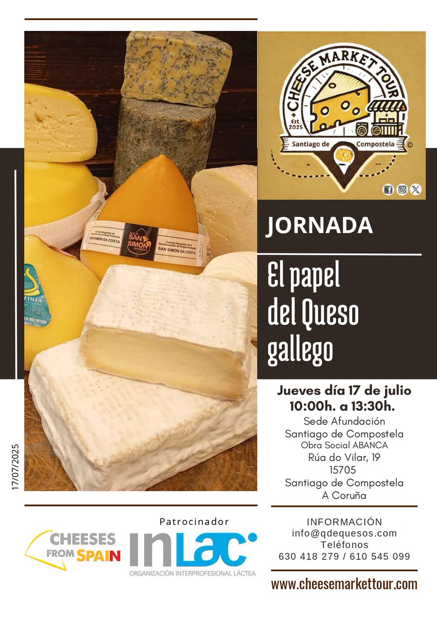 aplta_USC's tweet photo. 📅 Mañá, 17 de xullo, en Compostela (📌Sede Afundación, rúa do Vilar), a nosa compañeira Laura Abuín participará na mesa redonda sobre beneficios tanxibles en queixerías 🧀🧀dentro da xornada "O papel do queixo galego"  do #CheeseMarketTour patrocinado por @oia_inlac. https://t.co/VwJkr9lwxH
