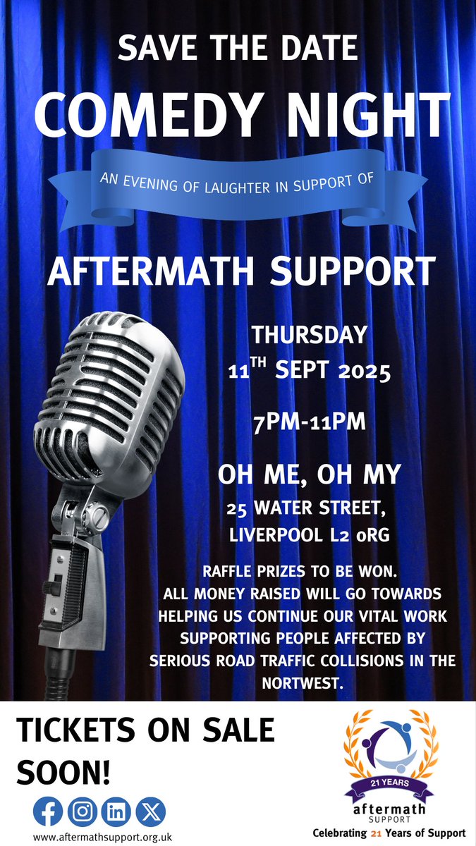 aftermathsupp's tweet image. 🎤 Save the Date!
Laugh for a cause at the Aftermath Support Comedy Night!
🗓 Thurs 11 Sept 2025
📍 Oh Me, Oh My, Liverpool
🕖 7–11pm | 🎟 £45 (drink, token &amp;amp; food)
🎙 MC Sam Harland
🔥 Headliner: Phil Reid + guests!
#ComedyForACause #AftermathSupport #21forAftermath