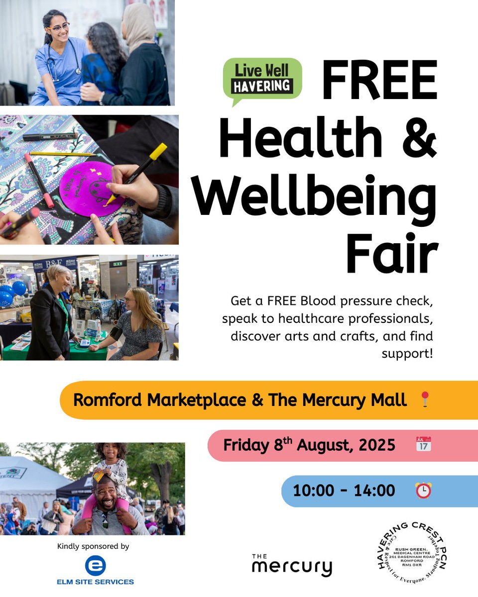 Pop along to Romford on Sat. 8th August from 10am to 2pm for a FREE Health &amp; Wellbeing Fair!

There is a new Live Well Havering page on Facebook: facebook.com/profile.php?id…